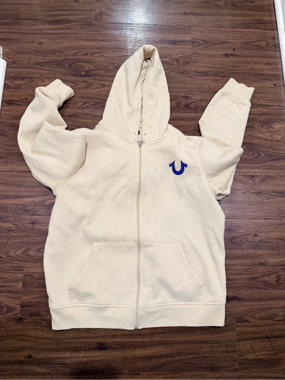 True Religion Cream Hoodie with Navy Buddha Guitar Graphic